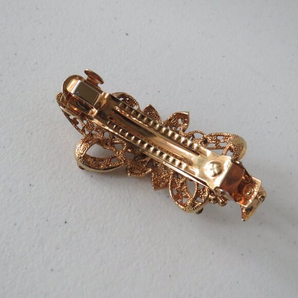 Women’s Flower Bow Gold Tone Metal Crystals Hair Barrette Hair Clip Accessory - Picture 5 of 9